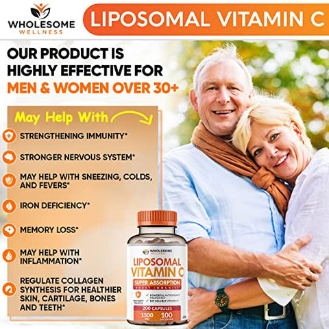 Wholesome Wellness - VIT C Liposomal 1500mg (200 Cápsulas) Alta Absorção – Sistema Imunológico