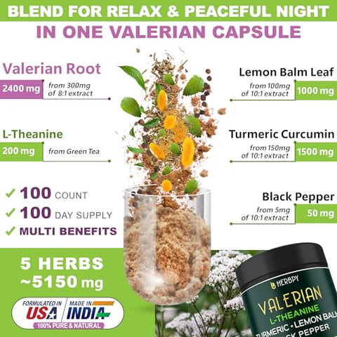 Herbpy - Cápsulas de Raiz de Valeriana 5 em 1 5150mg com L-Teanina, Melissa, Cúrcuma e Extrato de Pimenta Preta para Relaxamento, Noite de Descanso e Digestão