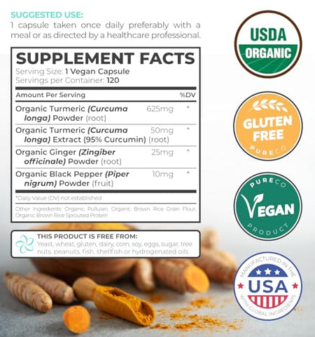 PURE CO - Curcuma Orgânica USDA com Pimenta Preta e Gengibre (Suprimento de 4 Meses) – Suplemento para Suporte Articular com Pó de Cúrcuma e Raiz de Gengibre – Suplemento Orgânico de Cúrcuma – 120 cápsulas
