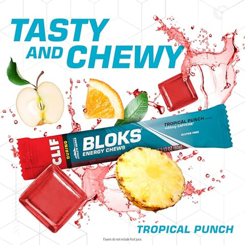 Clif Bloks - CLIF BLOKS – Sabor Tropical Punch com Cafeína – Gomas Energéticas – Não-OGM – Baseado em Plantas – Combustível Rápido para Ciclismo e Corrida – Carboidratos e Eletrólitos Rápidos – 60g (18 unidades)