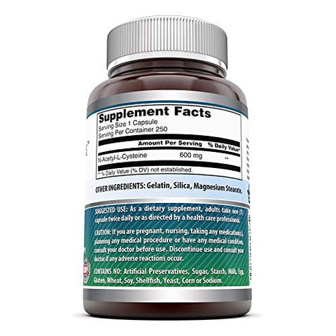 Amazing Nutrition - Amazing Formulas NAC 600 Mg | Suplemento de N-Acetil Cisteína | Cápsulas | Livre de Transgênicos | Sem Glúten | Fabricado nos EUA (2 Pacotes, 250 Unidades)