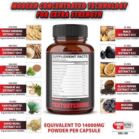 Suplemento de Testosterona agobi 11in1 para Homens de Extrato Herbal 14000mg Equivalente – Resistência, Impulso e Suporte Corporal 120 Cápsulas Veganas para 2 Meses