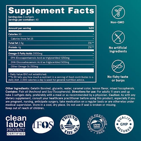 Ômega 3 Fish Oil – Ultra Puro 2000mg – 240 Cápsulas – Suplemento para Coração e Olhos – Sem Refluxo, Certificado IFOS, Cápsulas Não-OGM – O3-2000mg EPA 1250mg DHA 500mg - Puori