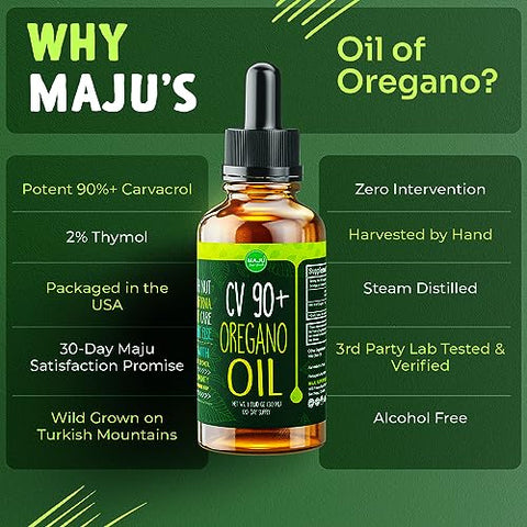 Maju Superfoods - Óleo de Orégano MAJU, Potente 90%% Carvacrol (30 ml) Óleo Essencial de Orégano Selvagem do Mediterrâneo, Aceite de Orégano, Suporte Imunológico e Sazonal, Comparável ao Orgânico