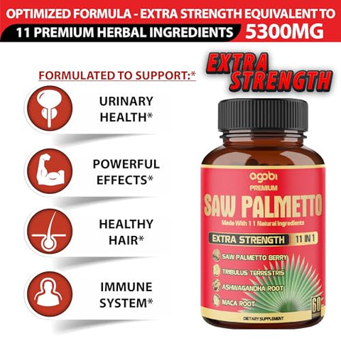 agobi - 2 Pacotes 60 Unidades 4 Meses – Cápsulas de Saw Palmetto 5300 mg – 11 em 1 com Ashwagandha, Cúrcuma, Tribulus, Maca, Chá Verde, Manjericão Sagrado