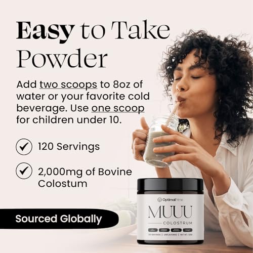 Pó de Superalimento e Suplemento de Colostro Bovino MUUU para Saúde Intestinal, Inchaço, Suporte Imunológico, Cabelo, Pele e Unhas, Sem Sabor, 120 Porções - Optimal Prime