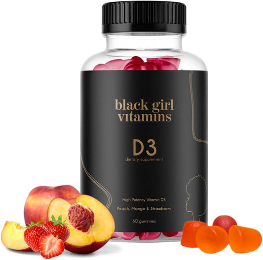 Black Girl Vitamins - Vitaminas Black Girl – Gomas de Vitamina D3, para Imunidade, Energia e Suporte Ósseo, 2000UI (50mcg) por porção, Sem Glúten, (Multi-sabores), 60un
