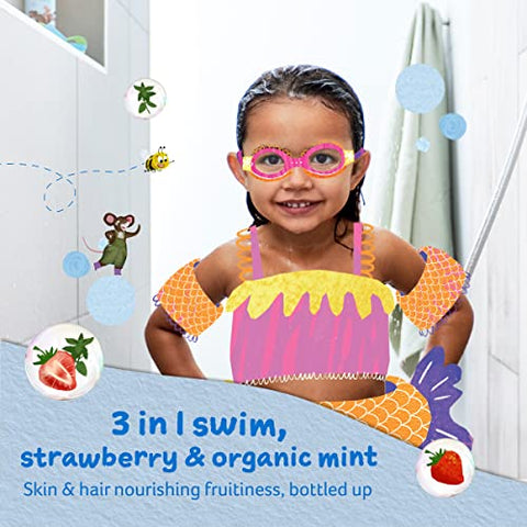 Kids 3 em 1 Natação, Morango e Hortelã Orgânica 250 ml, Gel de Banho, Shampoo e Condicionador, Indicado para Pele Seca, Sensível e Propensa a Eczema - Childs Farm