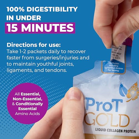 ProT Gold - Proteína Líquida de Colágeno, 17g de Colágeno Hidrolisado Nano-Hidrolisado de Pasto, 2g de Arginina para Suporte de Feridas, Sem Glúten, Sem Açúcar, 0g de Carboidratos, Não-OGM, Sabor de Frutas Vermelhas, 30ml, 24 Unidades