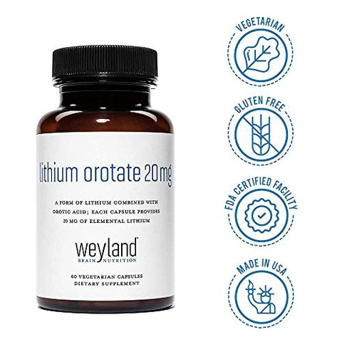 Weyland Brain Nutrition - Lithium Orotate 20mg (3 Frascos), 180 Cápsulas Vegetarianas, Suporte de Humor, Comportamento, Memória e Bem-Estar