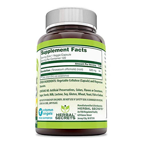 Dandelion Root 520 Mg 120 Cápsulas Vegetais (Não-OGM) – Melhora a Saúde Gastrointestinal, Reduz Inflamação na Garganta (Pacote com 3) - Herbal Secrets
