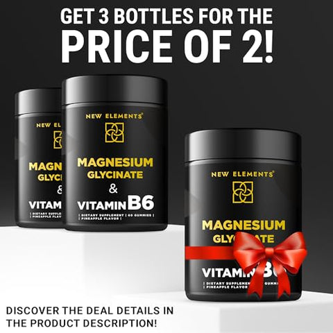 New Elements - Magnesium Glycinate Gummies 500mg com Vitamina B6 100mg para Adultos e Crianças – Alta Absorção | Sem Transgênicos | Sem Glúten | Alívio do Estresse | Sono