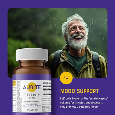 Aurite - Suplemento de Açafrão | Gerenciamento de Estresse, Suporte Herbal para o Humor, Memória de Longo Prazo, para Mulheres