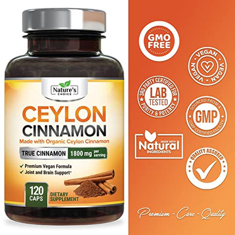 Nature's Choice - Cápsulas de Canela Ceylon Orgânica 1800mg – Suplemento Puro de Canela Certificada Orgânica, Livre de Transgênicos, Pó de Canela Sem Glúten, Comprimidos Antioxidantes de Canela, 120 Unidades