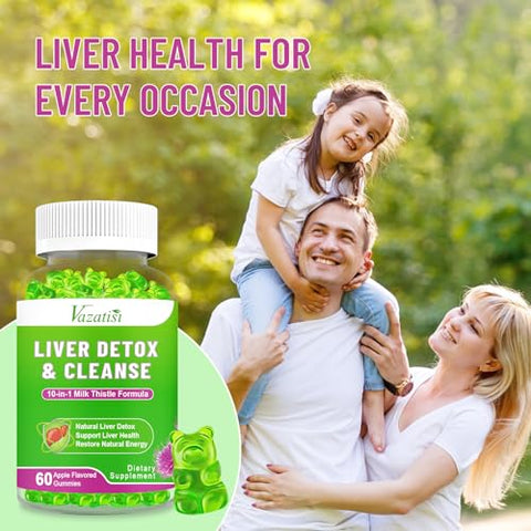 Vazatisi - Gomas Detox Reparadoras para Limpeza do Fígado, Suporte Hepático com Cardo Mariano, Alcachofra, Dente-de-leão, Sabor de Maçã – 120ct