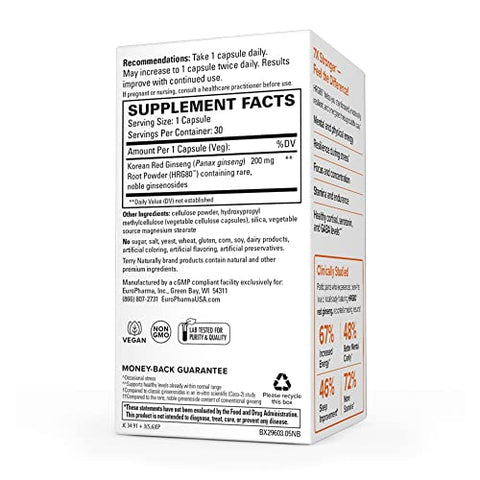 HRG80 Ginseng Vermelho Energético – 30 Cápsulas – Pó de Raiz de Ginseng Vermelho, Panax Ginseng, HRG80 – Não-OGM, Vegano, Sem Glúten – 30 Porções - Terry Naturally