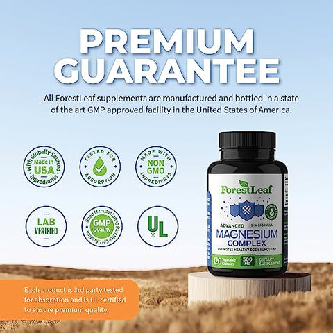 Magnesium Complex 500mg – Cápsulas de Magnésio 500mg – Suplemento de Magnésio 500mg – Para Dormir, Para Constipação – Suplemento de Magnésio para Mulheres - ForestLeaf