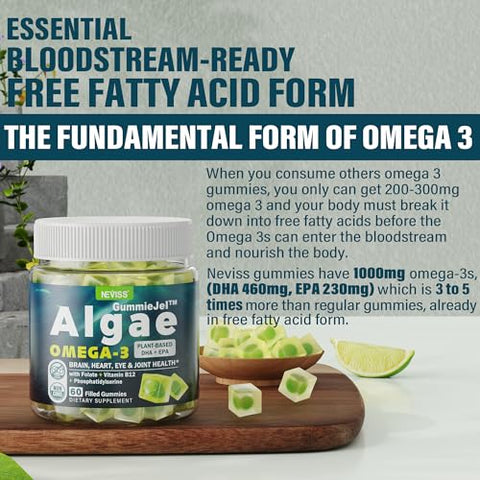 NEVISS - Gomas Veganas de Ômega 3 1000mg, Alternativa ao Óleo de Peixe Ômega 3, Suplemento de Ômega 3 de Algas Marinhas DHA 460mg, EPA 230mg c/ Vitamina B12, Ácido Fólico, PS para Cérebro, Osso, Articulação, Olhos