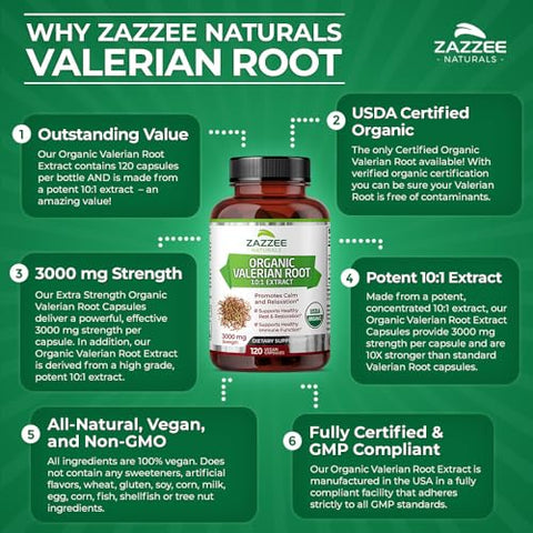 Valeriana Orgânica USDA Extrato 10:1, 3000 mg, 120 Cápsulas Veganas, 4 Meses de Suprimento, Potência 10X, 100% Vegetariano, Natural, Não-OGM - Zazzee