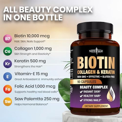 NEW AGE - Vitaminas para o Crescimento Capilar – Biotina Colágeno Queratina Ácido Hialurônico 50.000mcg para Homens e Mulheres, Unhas, Cabelo, Pele e Bloqueador de DHT com Vitamina E Ácido Fólico Semente de Abóbora MSM