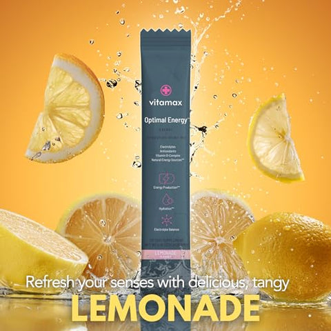 Vitamax Health - Optimal Energy – Limonada – Pó Hidratante para Recuperação sem Açúcar | Complexo de Vitaminas B, Eletrólitos | Mistura para Bebida em Sachês | Fácil de Abrir | Não-OGM | 30 Porções