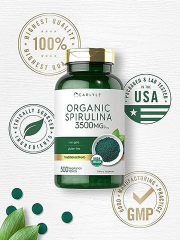 Spirulina Orgânica em Comprimidos 3500mg | 500 Unidades | Não-OGM - Carlyle