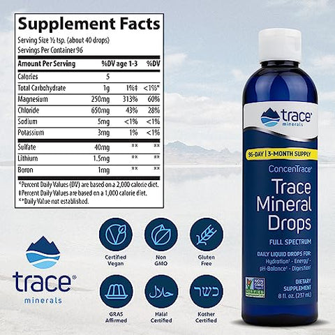 ConcenTrace Drops | 72 Minerais, Magnésio Líquido Iônico, Cloreto, Potássio | Baixo Sódio | Energia, Eletrólitos, Hidratação | Suprimento de 192 Dias, 8 fl oz (Pacote com 2) - Trace Minerals