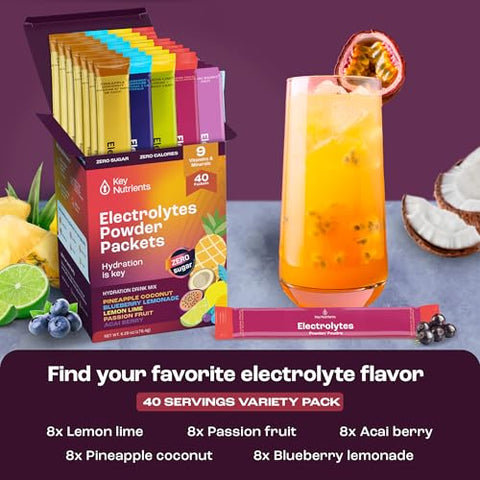 Pacotes de Pó de Eletrólitos Sem Açúcar – 5 Sabores Deliciosos em Pacotes de Hidratação 40 Pacotes – Pó de Eletrólitos Sem Glúten - KEY NUTRIENTS
