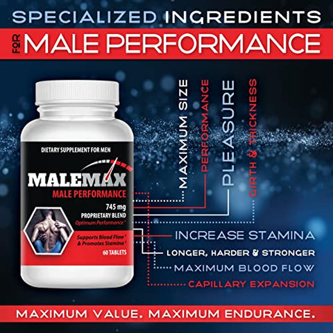 MaleMax - Pílulas de Aumento Masculino – Amplie o Tamanho Masculino – Aumente até 3 Polegadas Rápido – Alongue em Comprimento, Engrosse em Circunferência – Multiplicador de Resistência – 60 Comprimidos