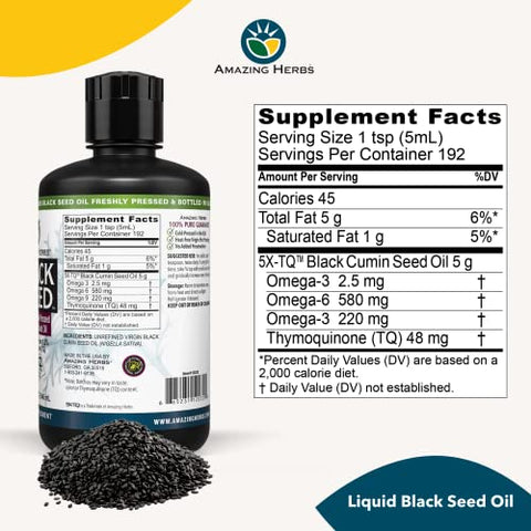 Óleo de Semente de Cominho Preto Premium Amazing Herbs – Extração a Frio de Nigella Sativa Auxilia na Saúde Digestiva, Suporte Imunológico, Função Cerebral, Mobilidade Articular – Sem Glúten, Não Transgênico – 946 ml