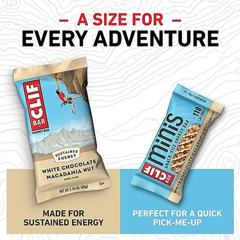 Clif Bar - CLIF BAR – Barra de Energia Sabor Macadâmia com Chocolate Branco – Tamanho Grande e Mini – Feita com Aveia Orgânica – Não-OGM – Baseada em Plantas – 68g e 28g (20 Unidades)