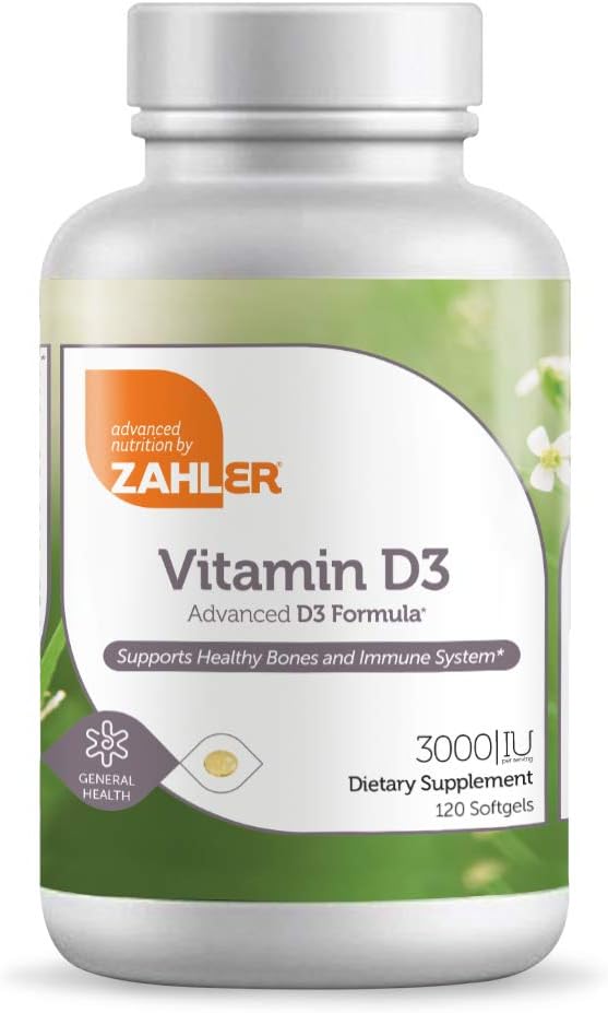Vitamina D3 Avançada 3000 UI Softgels (120 Unidades) Kosher Vegetariano Amigável Vitamina D para Suporte Imunológico, Ossos, Dentes - Zahler