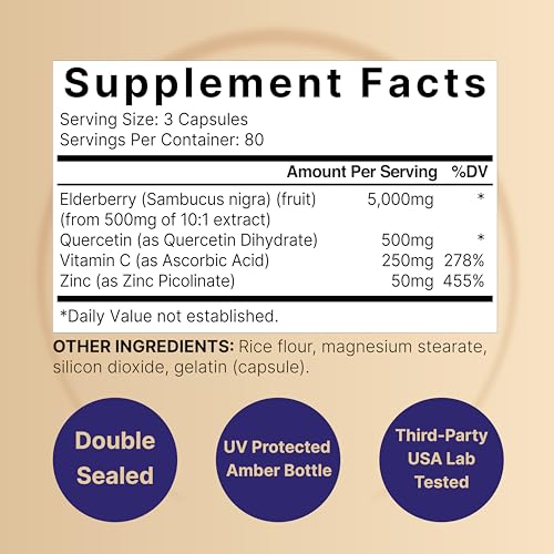 Cápsulas de Sabugueiro Sambucus, 5000mg por Porção com Quercetina 500mg, Vitamina C e Zinco, 240 Unidades | Extrato de Frutas de Sabugueiro Preto Europeu – Suporte Imunológico 4 em 1 - NatureBell