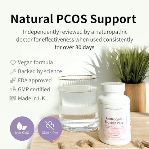 Nourished Natural Health - Nourished Naturals Androgen Blocker Plus para SOP – Suplemento para Equilíbrio Hormonal Feminino com Zinco