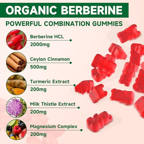 BVIVLOO - 2 Pacotes de Gomas de Berberina, Sem Açúcar, 2000mg de Alta Potência de Suplemento de HCI de Berberina, Com Canela do Ceilão e Cardo de Leite para Mulheres