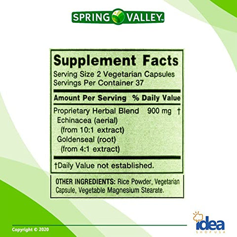 Idea Shop USA - Spring Valley Echinacea Goldenseal Blend – Suplemento Dietético, 900 mg, 75 Comprimidos | Vitaminas | Marca Spring Valley