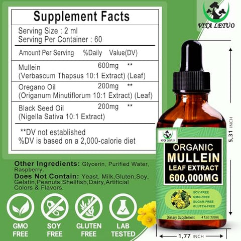 Vita letuo - Extrato de Folha de Verbasco Orgânico para os Pulmões, Gotas de Verbasco 3 EM 1 para os Pulmões c/ Verbasco 6000mg Óleo de Orégano c/ Óleo de Semente Preta, Tintura Líquida de Verbasco sem Álcool para o Sistema Respiratório, 2