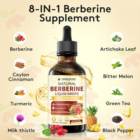 SYSCOCOS - Berberine Líquido 8 em 1 – 118 ml Suplemento Orgânico Berberine HCL Complexo com Cúrcuma, Melão Amargo, Cardo de Leite, Canela do Ceilão para Imunidade, 98%