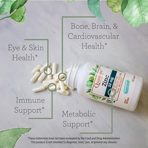 Suplemento de Zinco Gluconato 22mg para Impulso Diário à Imunidade, Energia, Olhos Saudáveis, Cabelo e Pele - Quantum Health
