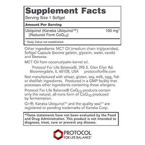 PROTOCOL FOR LIFE BALANCE - Protocol For Life Balance – Ubiquinol 100 mg – Suporte Cardiovascular com Forma Ativa de CoQ10, Energia, Saúde do Coração, Atividade Antioxidante – 60 Softgels