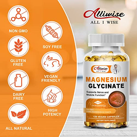 Alliwise - Magnésio Suplemento Softgels, Absorção Fácil Magnésio Glicinato 400mg com Vitamina B6, D3, Alta Biodisponibilidade Magnésio para Sono