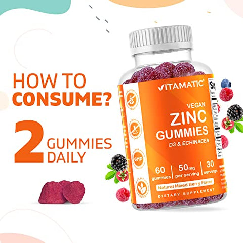 Zinc 50mg Gummies – 2 Pacotes de 60 Gomas Veganas – Livre de Glúten – Suporte Imunológico Saudável para Adultos, Homens, Mulheres - Vitamatic