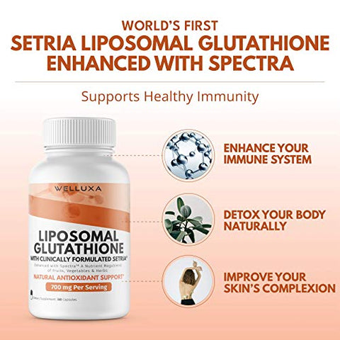 Welluxa - Liposomal Glutationa (Setria® 700 mg) – Suplemento de Glutationa Pura – Absorção Aprimorada – Antioxidante, Desintoxicação, Cardiovascular – 700 mg – Alta Absorção – Não OGM