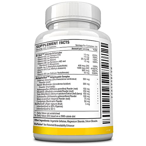 Energysyl – Sem Cafeína – com Adaptógenos, Vitaminas B e Bioperina – Fornecimento de 1 Mês – 60 Cápsulas – Fabricado nos EUA - Approved Science