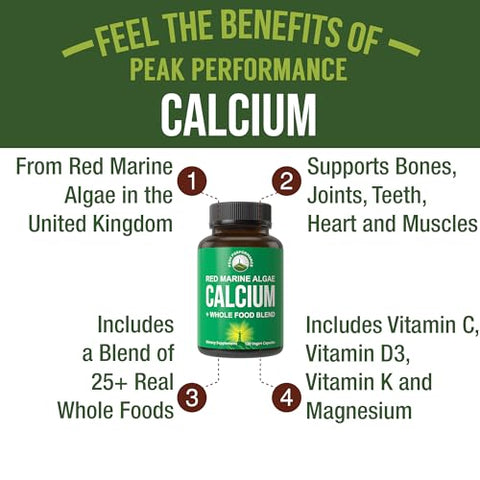 Peak Performance - Cálcio à base de plantas – Suplemento de cálcio de algas marinhas vermelhas com vitamina C, D3, K, magnésio e mistura de vegetais integrais. Cápsulas veganas para ossos e articulações. 120 cálcio