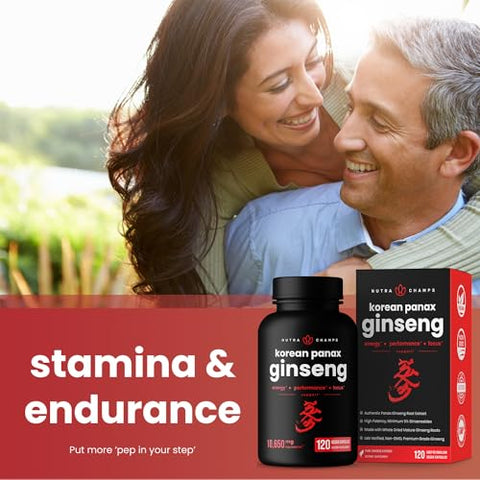 Cápsulas de Ginseng Vermelho Coreano NutraChamps | Ginsenosídeos Extra Fortes para Energia, Foco, Desempenho e Vitalidade