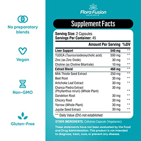Flora Fusion Research - Dr. Miller’s Tudca – Suplemento de Fígado com Sais Biliares 1000mg – Enriquecido com 8 Extratos Herbais e Antioxidantes para Inflamação do Fígado e Vesícula Biliar – Ingredientes Cuidadosamente Selecionados (Dois…)
