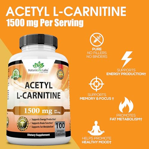NaturaLife Labs A Higher Standard - Acetyl L-Carnitina 1.500 mg Alta Potência Suporta Produção Natural de Energia, Nutrição Esportiva, Suporta Memória/Foco – 100 Cápsulas Vegetais