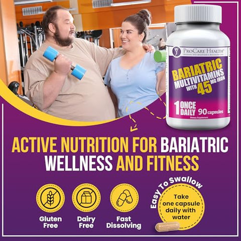 Multivitamínico Bariátrico com Ferro 45mg (90 Cápsulas Fáceis de Engolir) – Vitaminas Pós-Operatórias para Bypass Gástrico e Sleeve, Recuperação Sustentável - ProCare Health