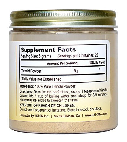 USTCM - Pó de Tienchi Puro 100%% Pseudoginseng Notoginseng Sanqi Ginseng 田七粉 120mesh (4oz) – Marca Tienchi Ginseng – 120g